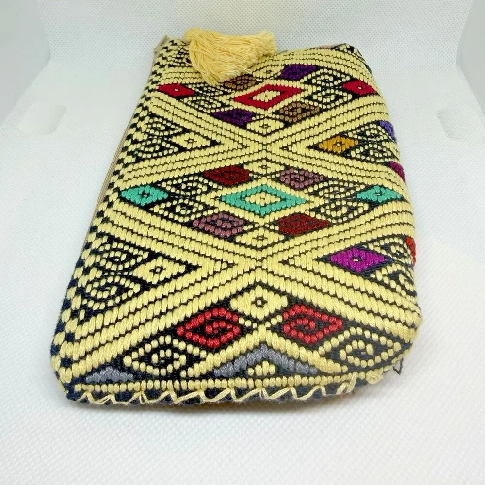 Vintage Artisan Handwoven Geometric Cosmetic Pouch Boho Tassel Makeup Bag